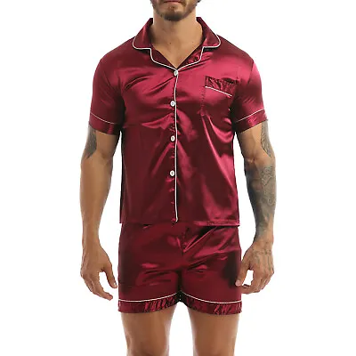 Men Silk Satin Pajamas PJ Set Top And Bottom Shirt Shorts Sleepwear Nightwear • $19.52