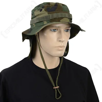 British Woodland Camo Rip Stop Boonie Hat With Neck Flap - Army Bush Cap Sun New • £14.95