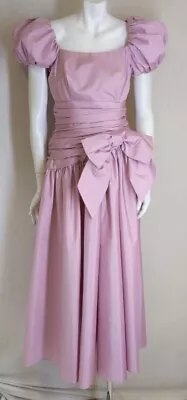 DARVA 12 Dress Taffeta Prom Princess Puff Ruched Big Bow Pink Full Skirt VTG 80s • $95