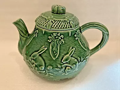 VTG Bordallo Pinheiro Portugal Majolica Rabbit Green Tea Pot W/ Lid • $24.90