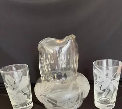 Vtg Frank Oda Pitcher 8  & 2 Glasses 4 5/8  Pua Hawaii Etched Flowers Anthurium • $70