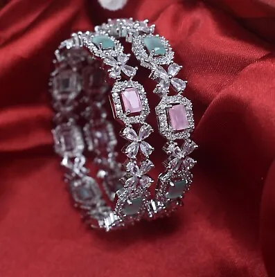 Indian Jewelry Color CZ AD Silver Plated Bracelet Wedding Kada Bangles Sets 2 Pc • $18.99