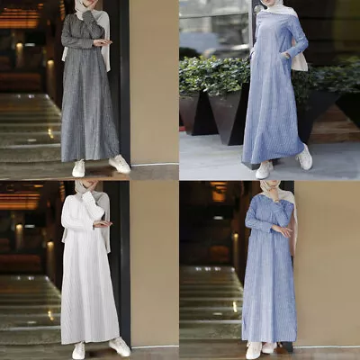 Women Full Length Muslim Maxi Cotton Long Sleeve Striped Side Pocket Shirt Dress • £12.20