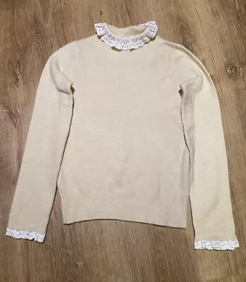 Cream Ribbed Knit Lace Trim High Collar Long Sleeve Top • £15
