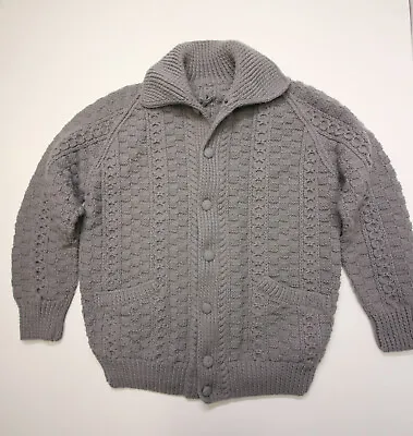 Homemade Hand Knit Crochet Cardigan Collar Sweater Mens M Gray Button Fisherman • $60