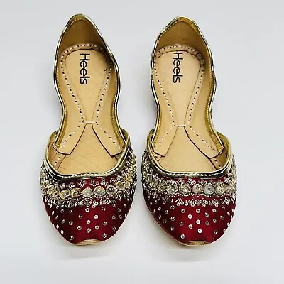 Pakistani-Punjabi Indian Jutti Women Flat Red Gold Embroidered Khussa Beaded • $29.99