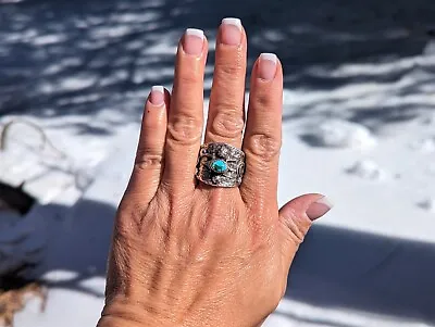 Native American Jewelry Sandcast Tribal Ring Turquoise Sterling Silver Sz 11US • $180