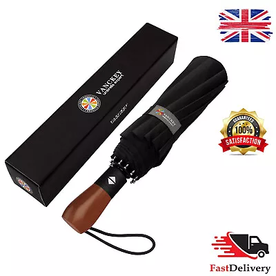 Double Canopy Wood Handle Windproof Fiberglass Auto Open & Close Black Umbrella • £15.50