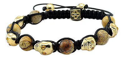 Men's Womens Crystal Agate Beaded Gold Skull Bracelet   • $18