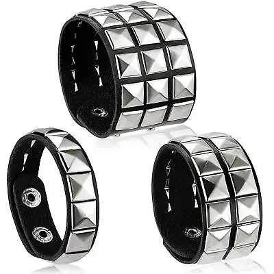 3x PU Studded Punk Bracelets Unisex Gothic Punk Glam Pyramid Wristband Black • £6.95