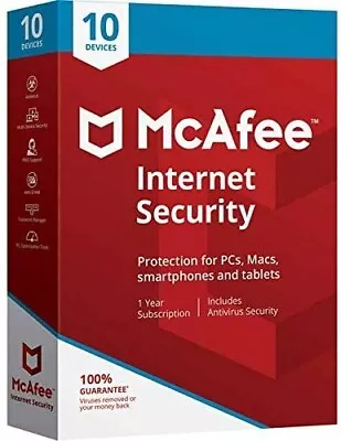  McAfee Internet Security 10 Devices (1-10 Users) • $18.99