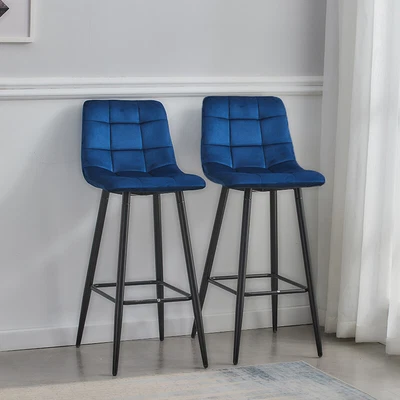 £95.99 • Buy Set Of 2 Breakfast Kitchen Bar Stools Blue Velvet Fabric Backrest High Bar Chair