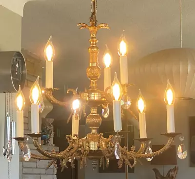 Vintage 1960s Brass Crystal Chandelier • $499