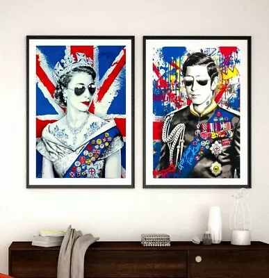 King Charles Queen Elizabeth Set Of 2 Graffiti Street Art Framed Or Poster Print • £59.99