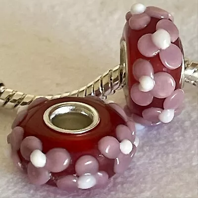 2pc Lot Murano Lampwork Glass Bead Set “ROSIE POSIE” Fit European Charm Bracelet • $9.99