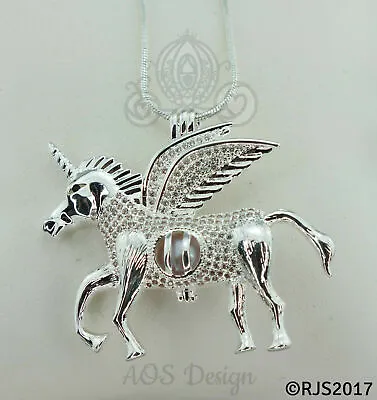$28 • Buy Pegasus Flying Unicorn Pearl Cage Silver Charm Necklace Crystal Accents Locket