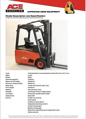 Linde E16C 3W Container Spec Forklift Hire-£59.99pw Buy-£8495 HP-£42.42pw AH1508 • £8495