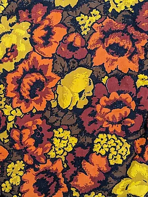 Vintage 70's Bright Floral Batik Brown Orange Barkcloth Cotton Fabric BTY X17 • $19.99