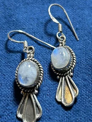 Vintage 925 Sterling Silver Blue Flash Moonstone Drop Earrings 1.5 In. • $16