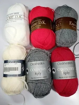 Lot Of 6 Skeins Plymouth Encore & Cleckheaton Country Yarn-Red/Gray/White • $17.75