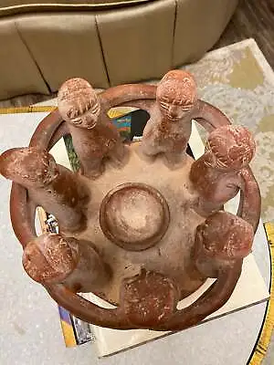 Vintage Aztec Mayan Circle Of 7 Friends Large Pottery Clay Candle Holder • $65