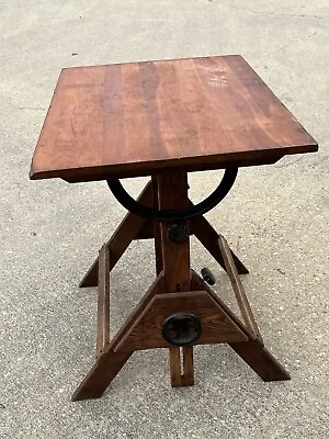 Vintage Oak Wooden Drafting Table Desk With Hand Crank Adjustable Industrial Art • $595.99