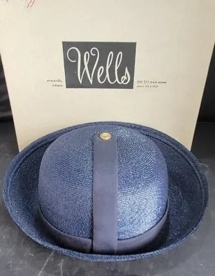 Vintage 1960s Ladies STRAW Hat S. DeJong's W Box Navy Blue Millinery Union WELLS • $50