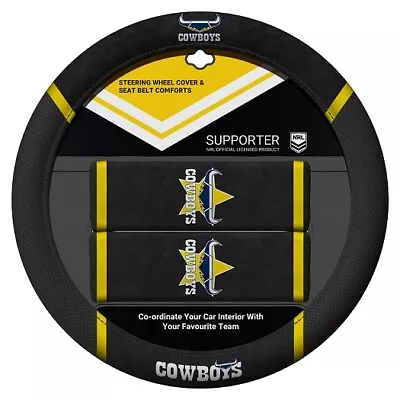 QUEENSLAND COWBOYS Official NRL Steering Wheel Cover And Seat Belt Cover Set • $44.99