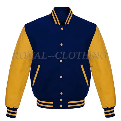 Varsity Baseball Letterman Navy Wool & Genuine Gold Leather Sleeves Jacket • $89.99
