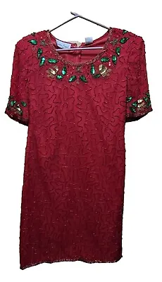 LAWRENCE KAZAR Vintage Red Beaded Christmas Silk Formal Evening Dress Sz Med 80s • $39.99