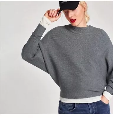 ZARA KNIT RIBBED  GRAY  MOCK NECK DOLMAN SOFT  CROP SWEATER Medium • $12.38