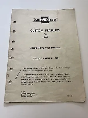 1962 Chevrolet Accessories Part Number List Dealer Pamphlet Original Vintage • $20