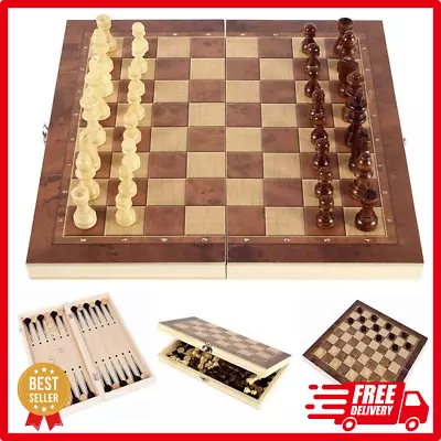 *LARGE Vintage Wooden Chess Set Wood Board Hand Carved Crafted Folding Game NEW* • $34.99