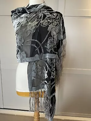 Silk Chiffon And Cut Velvet Long Shape Scarf Wrap Shawl With Fringe • £3.99