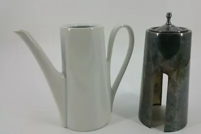 2 Piece Ceramic Teapot Coffeepot Metal Cover Cozy Silver Plated Patina Unmarked • $29.99