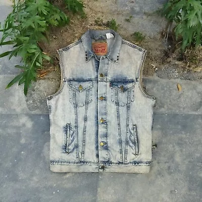 Levis Faded Denim Vest Mens L Red Tab Button Up Grunge Spiked Collar Punk Rocker • $39.99