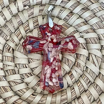 ☀️ Hand Blown Glass Reversible Cross Red Pendant Murano Multi Color 2.50” 18KGP • $15