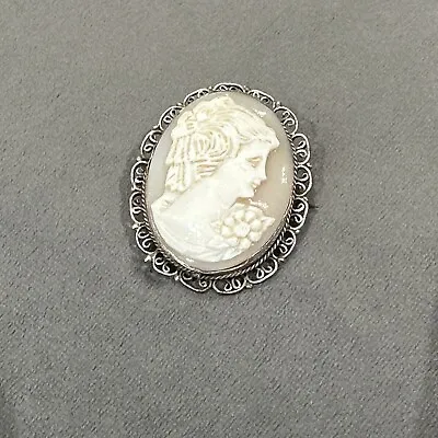 Retro Vintage Carved Shell Cameo Brooch Female Portrait Filigree Frame • £8.99