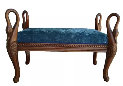 Vintage Carved Mahogany Settee In Blue Velvet Two Seat Bench Or Love Seat • $479