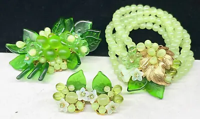 Miriam Haskell Signed Set Vintage Rare Gilt Green Glass 3Pc Parure A12 • $998