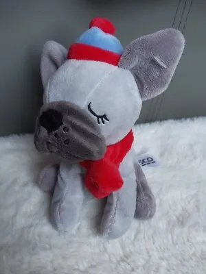 £9.50 • Buy TESCO 7  Grey French Bulldog Pug Soft Plush Toy Dog In Hat & Scarf Toddler Kids 