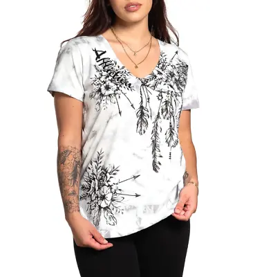 Affliction Women's ANEMONE Short Sleeve V-Neck Rhinestone T-Shirt Feathers NWT • $54.33