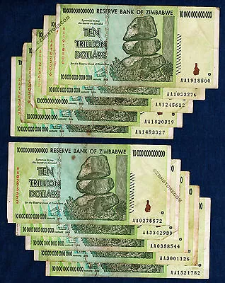 10 Trillion Zimbabwe Dollars X 10 Banknotes AA 2008 100 % Authentic Currency COA • $337.20