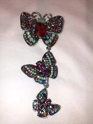3 Butterfly Pendant Brooch Pin Multi Color Rhinestone Woman Statement Piece • $9.95