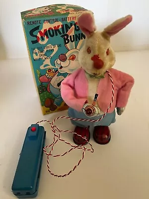 Vintage Cragston Smoking Bunny Antique Metal Battery Operated Toy W Box - JAPAN • $64.40