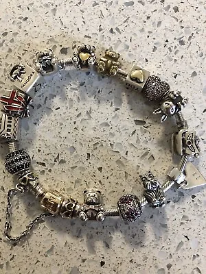 PANDORA Bracelet With 15 Charms 925 Ale / 20cm Length With 585 Ale SILVER /GOLD • £275