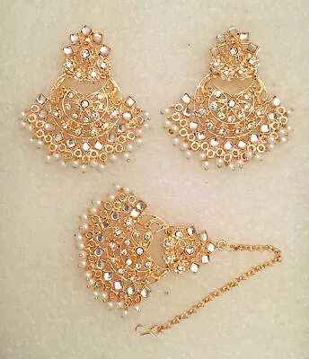 Bridal Maang Tikka Earrings Set Bollywood Kundan Rose Gold Tone Indian Jewelry • $23.64