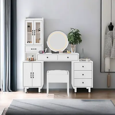 White Vanity Table Set Bedroom Makeup Table Set With LED Mirror & Drawers • $370.95