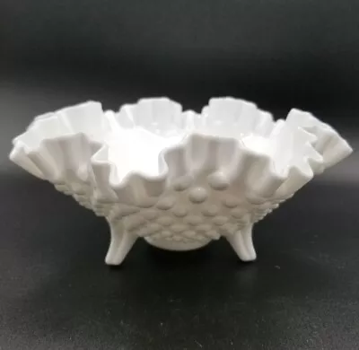 Vintage Fenton Milk Glass Hobnail 3 Footed Ruffled Edge Bowl 3635 • $20