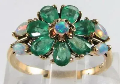 Lovely 9ct 9k Gold Colombian Emerald & Australian Opal Flower Daisy Ring • $599